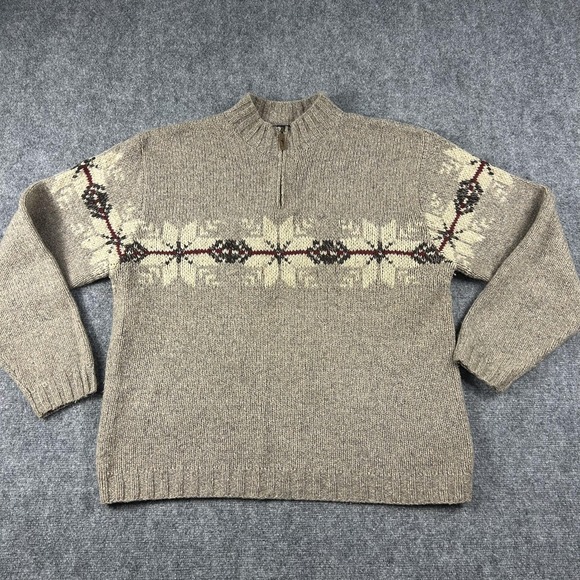 Eddie Bauer Legend Sweater Mens XLT Beige Lambswool Fair Isle 1/4 Zip Pullover